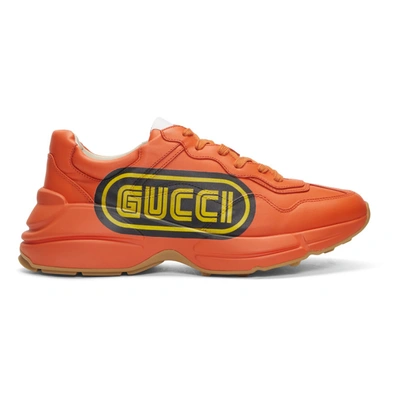 Gucci Rhyton  Print Leather Trainer In 7519 Orange