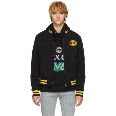 Gucci Interlocking G Wool Blend Varsity Jacket In Black