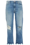 MOTHER WOMAN CROPPED DISTRESSED HIGH-RISE STRAIGHT-LEG JEANS LIGHT DENIM,AU 1473020371296965