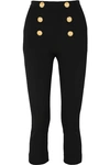 BALMAIN CROPPED BUTTON-EMBELLISHED TEXTURED-KNIT BOOTCUT trousers