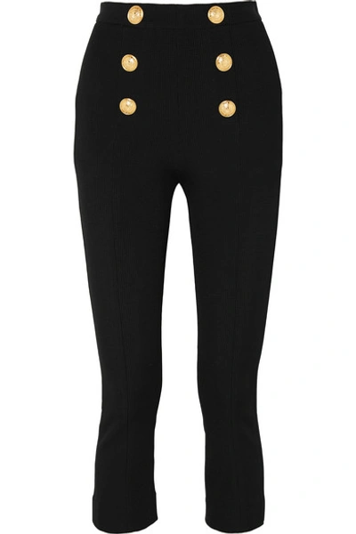 Balmain Cropped Button-embellished Textured-knit Bootcut Trousers In Black