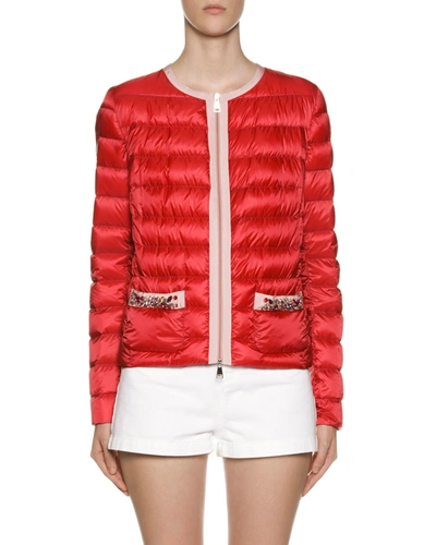 Moncler Cristalline Embellished-pocket Puffer Jacket In Red