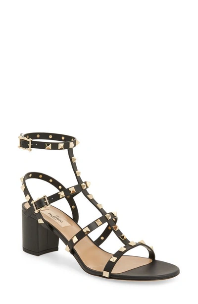 Valentino Garavani Rockstud Leather Ankle Strap Block Heel Sandals In Brown