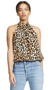 Alice And Olivia Maris Halter Tie-neck Gathered Top In Spotted Leopard Multi