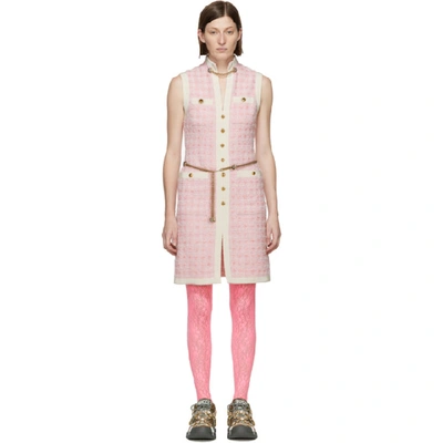 Gucci Sleeveless Short Tweed Dress With Chain Belt In Pink