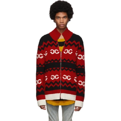 Gucci Red Wool Mirrored Gg Zip-up Jumper In Black