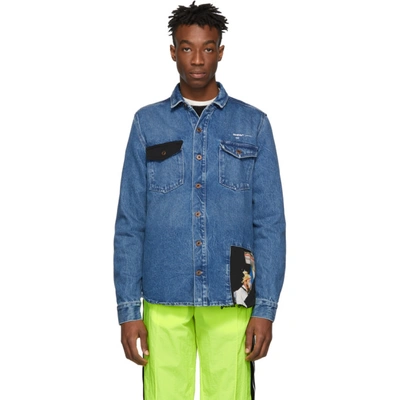 Off-white Cotton-panelled Distressed Denim Western Shirt In Blue