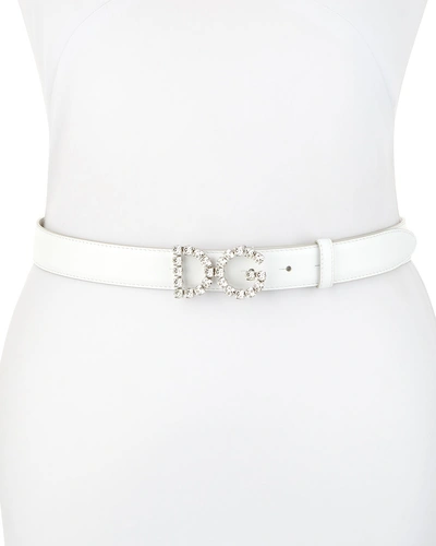 Dolce & Gabbana Leather Belt W/ Crystal Logo Buckle In White