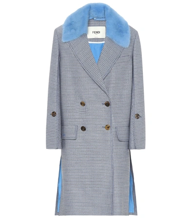 Fendi Check Double-breasted Wool Coat W/ Removable Mink Collar In Antigua Blue