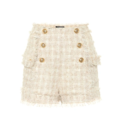 Balmain Button-embellished Tweed Shorts In Beige