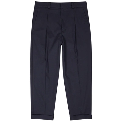 Acne Studios Cropped Tapered Pleated Stretch-cotton Trousers In Navy