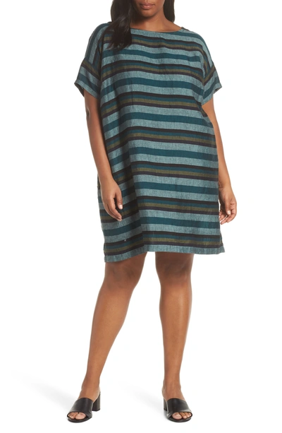 Eileen Fisher Petite Short-sleeve Cross-dyed Linen Dress In Teal