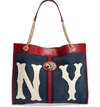 GUCCI LINEA TIGER NY YANKEES SUEDE & LEATHER TOTE - BLUE,5372190X7CX