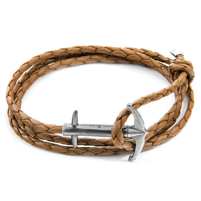 Anchor & Crew Light Brown Admiral Anchor Silver And Braided Leather Bracelet In &