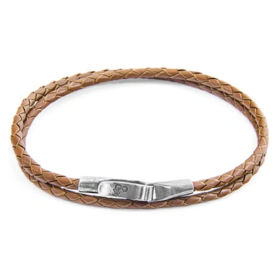 Anchor & Crew Light Brown Liverpool Silver And Braided Leather Bracelet
