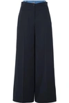 ADEAM LAYERED DENIM-TRIMMED CREPE WIDE-LEG PANTS