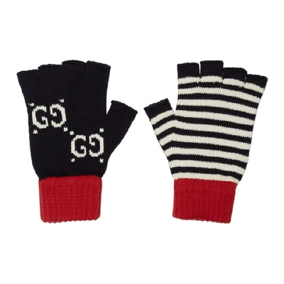 Gucci Navy And Red Striped Gg Gloves In 4174 Navy
