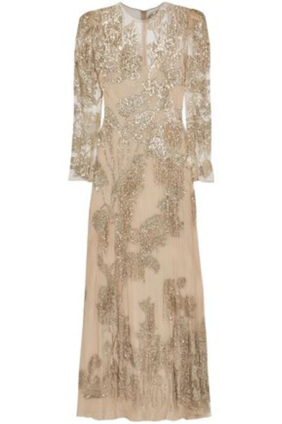 Alexander Mcqueen Fringed Sequined Tulle Gown In Gold
