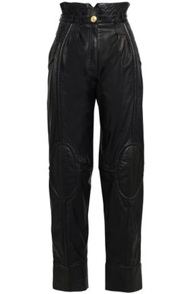 Balmain Woman Quilted Leather Wide-leg Trousers Black
