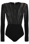 BALMAIN WOMAN OPEN-KNIT STRETCH-PONTE BODYSUIT BLACK,GB 1392478843013