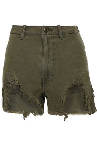 R13 Woman Distressed Cotton-canvas Shorts Army Green