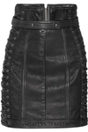 BALMAIN WOMAN LACE-UP LEATHER MINI SKIRT BLACK,GB 4230358016469656