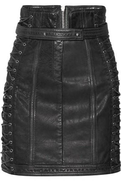 Balmain Woman Lace-up Leather Mini Skirt Black