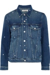 AMO AMO WOMAN POP EMBROIDERED DISTRESSED DENIM JACKET MID DENIM,3074457345619992880