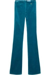 VERSACE VERSACE COLLECTION WOMAN VELVET FLARED PANTS TEAL,3074457345619763967