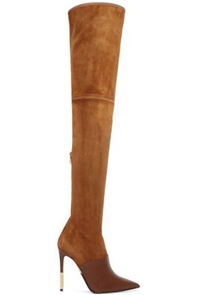 Balmain Amazone Leather-paneled Stretch-suede Thigh Boots In Camel