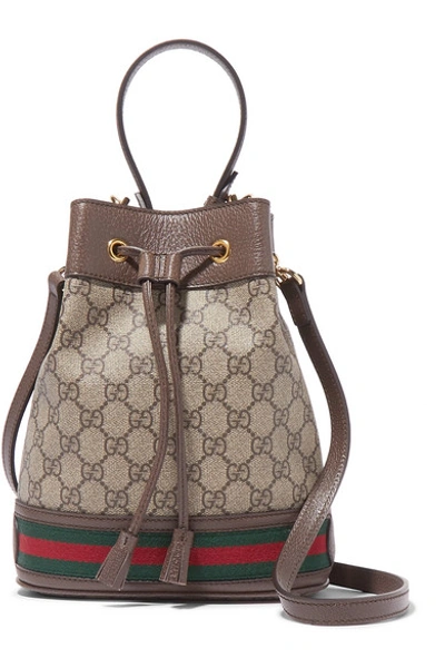 Gucci Ophidia Small Textured Leather-trimmed Printed Coated-canvas Bucket Bag In Brown