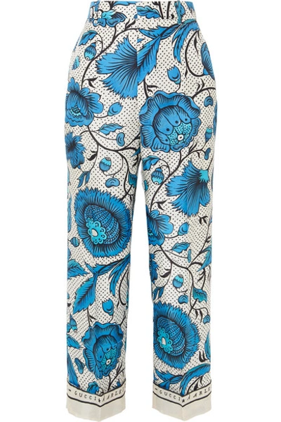 Gucci Cropped Printed Silk-twill Wide-leg Pants In Blue