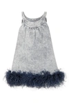 MIU MIU FEATHER-TRIMMED EMBROIDERED DENIM MINI DRESS