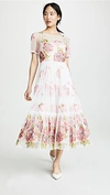 MARCHESA NOTTE FLORAL EMBROIDERED TEA LENGTH GOWN