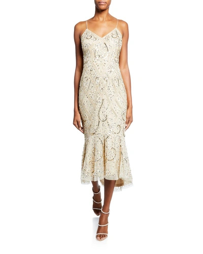 Aidan Mattox Beaded V-neck Spaghetti-strap Midi Dress With Flounce Hem In Light Gold