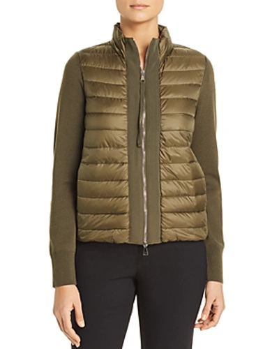 Moncler Quilted Front Zip-up Sweater In Olive