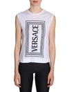 Versace Rectangular Logo Printed Tank Top In Bianco