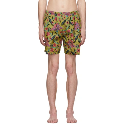 Prada Striped Floral-print Swim Shorts In Yellow Multi