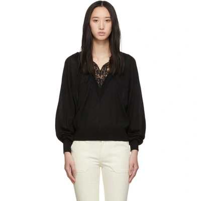 Chloé Lace-inset V-neck Wool-silk Pullover Jumper In Nero