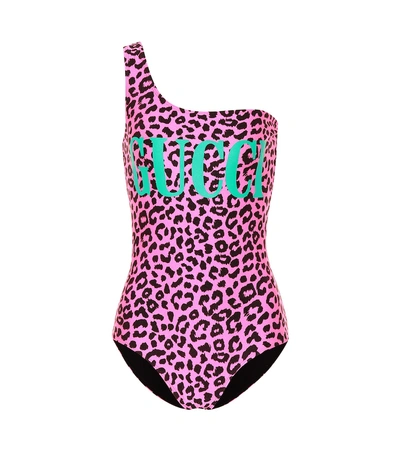 Gucci One Shoulder Lycra One Piece Swimsuit In Fuchsia,green