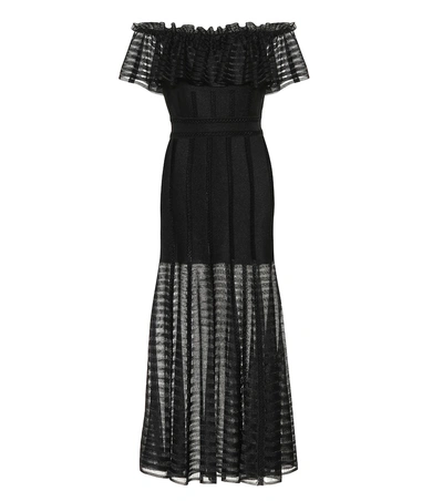 Alexander Mcqueen Off-the-shoulder Stripe Knitted Midi Dress In 1000 Black