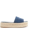 PRADA EMBROIDERED DENIM ESPADRILLE PLATFORM SLIDES