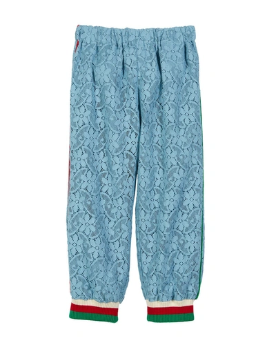 Gucci Lace Sweatpants W/ Striped Knit Ankle Cuffs In Blue