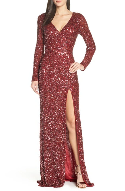 Mac Duggal Sequin V-neck Long-sleeve High-slit Gown In Crushed Berry