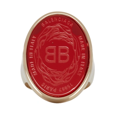 Balenciaga Red & Gold Oval Chevaliere Ring In 8747 Rouge
