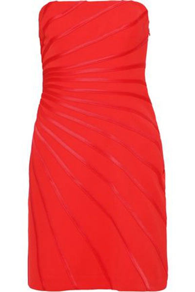 Halston Heritage Strapless Mini Dress W/ Satin Strip Appliqu&eacute; In Tomato Red