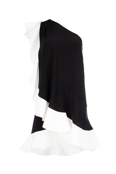 Givenchy One-shoulder Bicolor Asymmetric Crepe Mini Dress W/ Ruffle Detail In Black