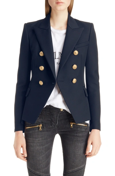 Balmain Double Breasted Wool Blazer In Blue/silver