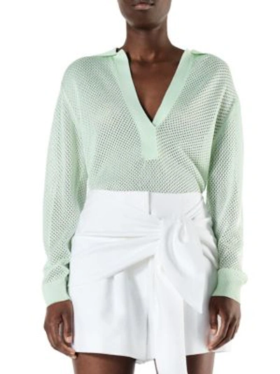 Tibi Crispy Viscose Polo Mesh Pullover In Mint