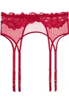 MYLA BEATY STREET STRETCH-TULLE AND LEAVERS LACE SUSPENDER BELT
